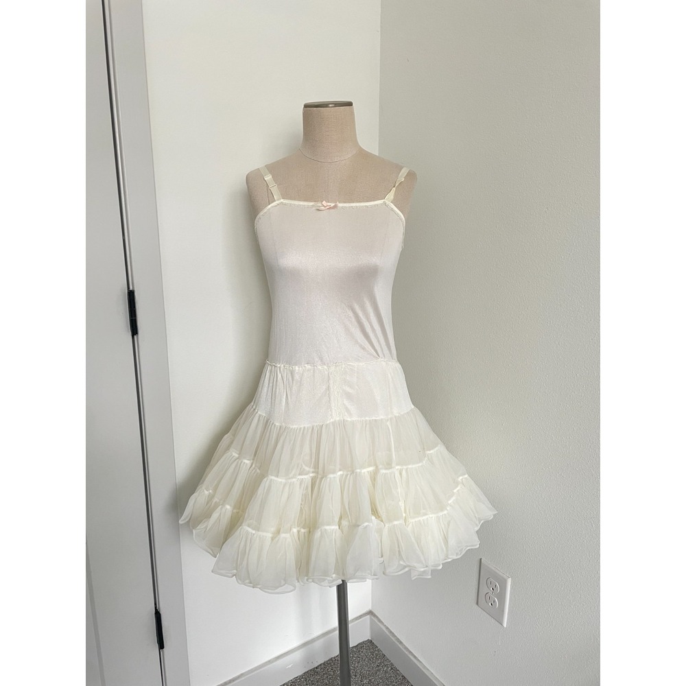 Vintage Tulle Slip Dress Women XS Cream Bow Coquette Mini Can Can Lolita Wedding